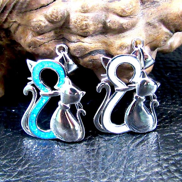 Solid 925 Sterling Silver and Lab Created Blue or White Opal Twin Cats Pendant - Picture 1 of 10